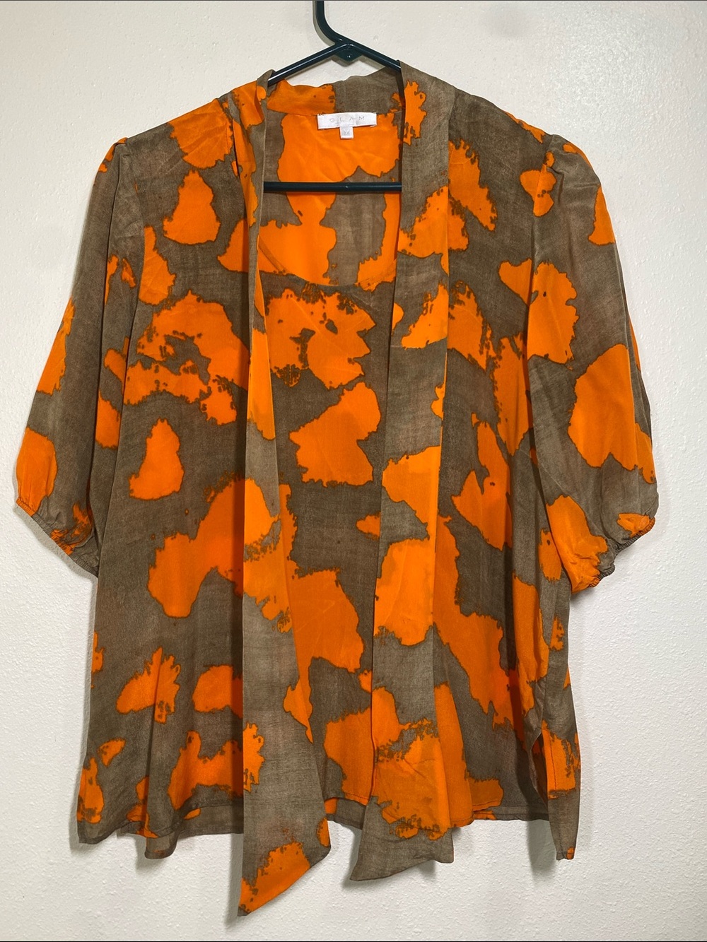 glam Orange and Brown Abstract Open-Front Silk Blouse